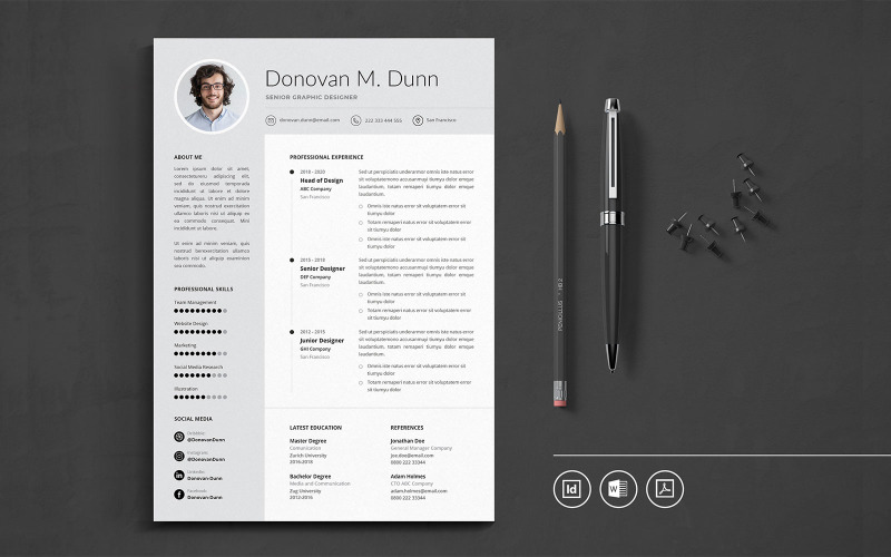Download Резюме "Professional CV Indesign Vol.37 Resume Template" / Professional CV Indesign Vol.37 Resume Template - Резюме на тему графика resume,cv,minimalist,professional,modern,clean,minimal,business,hiring,apply,job,entrepreneur,indesign,word,pdf