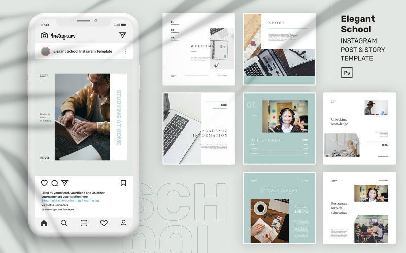 Download Шаблон для соцсетей "Elegant School Instagram Pack PSD Template for Social Media" / Elegant School Instagram Pack PSD Template for Social Media - Шаблон для соцсетей на тему графика corporate instagram,company instagram,instagram for company,business,brand,lifestyle,minimalist,modern,elegant,simple,creative,template,instagram post,school,education,teacher,student
