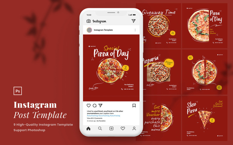 Download Шаблон для соцсетей "Pizza Instagram Post PSD Template for Social Media" / Pizza Instagram Post PSD Template for Social Media - Шаблон для соцсетей на тему графика corporate instagram,company instagram,instagram for company,business,brand,lifestyle,minimalist,modern,elegant,simple,creative,template,instagram post,pizza,fast food,junk food,food,burger