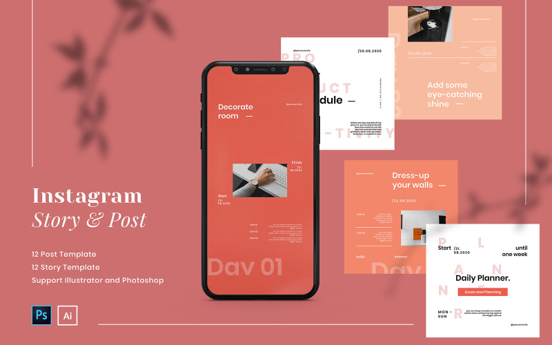 Download Шаблон для соцсетей "Productivity Planner Instagram Post and Story Social Media Template" / Productivity Planner Instagram Post and Story Social Media Template - Шаблон для соцсетей на тему графика corporate instagram,company instagram,instagram for company,business,brand,lifestyle,minimalist,modern,elegant,simple,creative,template,instagram post,planner,activity,productivity,schedule,i