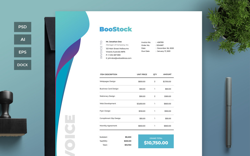 Download Фирменный стиль "Professional and Clean Invoice - Corporate Identity Template" / Professional and Clean Invoice - Corporate Identity Template - Фирменный стиль на тему графика business,corporate,payment,bank,account,invoice,bill,paper,finance,form,table,accounting,document,transfer,money,report,clean,professional