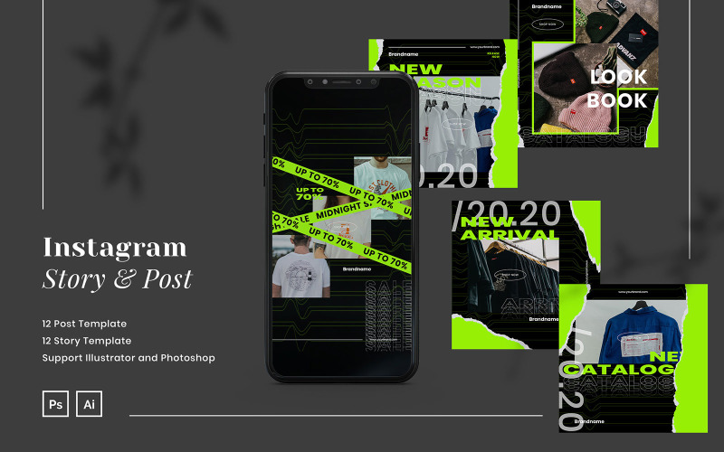 Download Шаблон для соцсетей "Urban Neon Instagram Post and Story Template for Social Media" / Urban Neon Instagram Post and Story Template for Social Media - Шаблон для соцсетей на тему графика corporate instagram,company instagram,instagram for company,business,brand,lifestyle,minimalist,modern,elegant,simple,creative,template,instagram post,urban,neon,street style