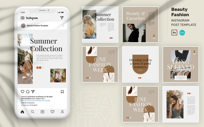 Beauty Fashion Instagram Post PSD e modelo Canva para mídia social