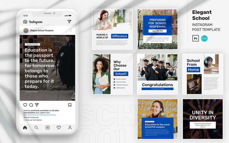 Download Шаблон для соцсетей "Elegant School Instagram Post PSD & Canva Template for Social Media" / Elegant School Instagram Post PSD & Canva Template for Social Media - Шаблон для соцсетей на тему графика company instagram,instagram for company,brand,lifestyle,minimalist,modern,elegant,simple,creative,template,instagram post,school,instagram for school,education instagram,teacher,podcast,stude