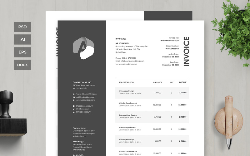 Download Фирменный стиль "Professional and Clean Invoice - Corporate Identity Template" / Professional and Clean Invoice - Corporate Identity Template - Фирменный стиль на тему графика business,corporate,payment,bank,account,invoice,bill,paper,finance,form,table,accounting,document,transfer,money,report,clean,professional