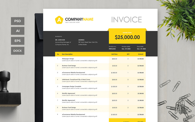 Download Фирменный стиль "Professional and Clean Invoice - Corporate Identity Template" / Professional and Clean Invoice - Corporate Identity Template - Фирменный стиль на тему графика business,corporate,payment,bank,account,invoice,bill,paper,finance,form,table,accounting,document,transfer,money,report,clean,professional