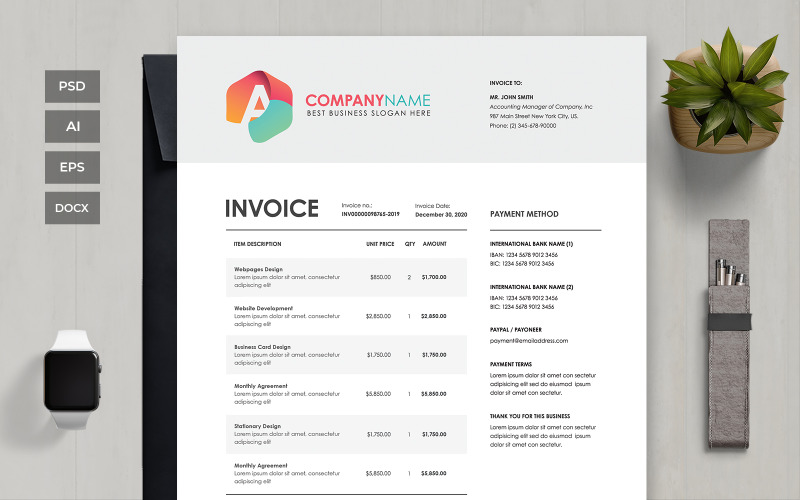 Download Фирменный стиль "Professional and Clean Invoice - Corporate Identity Template" / Professional and Clean Invoice - Corporate Identity Template - Фирменный стиль на тему графика business,corporate,payment,bank,account,invoice,bill,paper,finance,form,table,accounting,document,transfer,money,report,clean,professional
