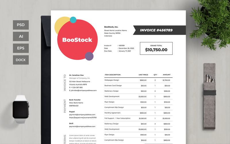 Download Фирменный стиль "Professional and Clean Invoice - Corporate Identity Template" / Professional and Clean Invoice - Corporate Identity Template - Фирменный стиль на тему графика business,corporate,payment,bank,account,invoice,bill,paper,finance,form,table,accounting,document,transfer,money,report,clean,professional