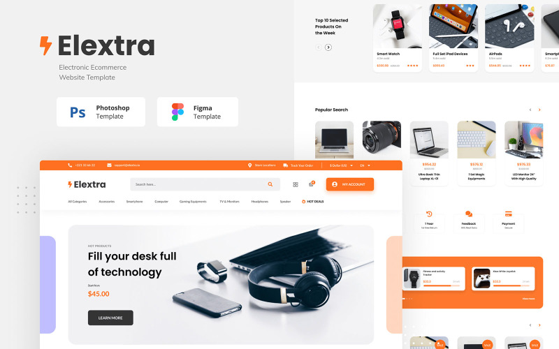 Elextra - Elektronikus e-kereskedelmi webhelysablon felhasználói felület elemei
