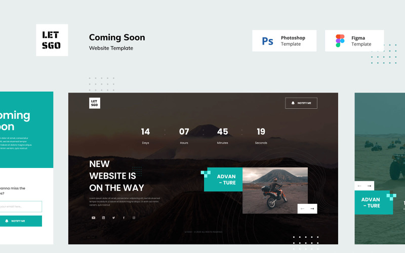 Letsgo - 8 Coming Soon Website Figma und Photoshop Template UI Elements