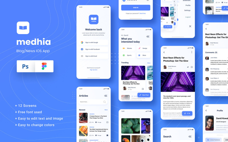 Medhia-博客新闻iOS App Figma和PSD模板UI元素