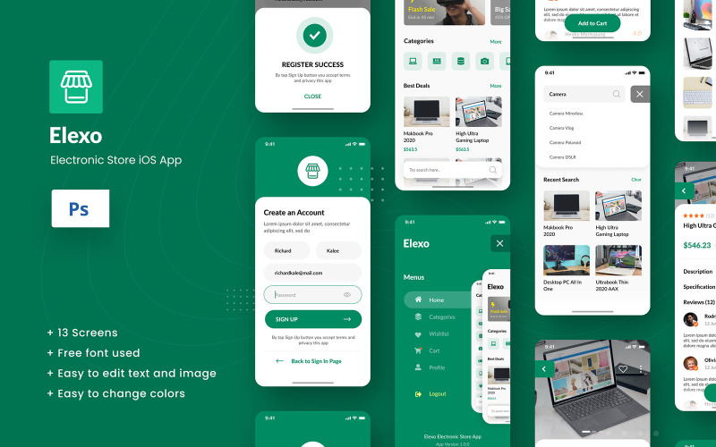 Elexo - Diseño de la aplicación iOS de la tienda electrónica Elementos de la interfaz de usuario de Figma y PSD