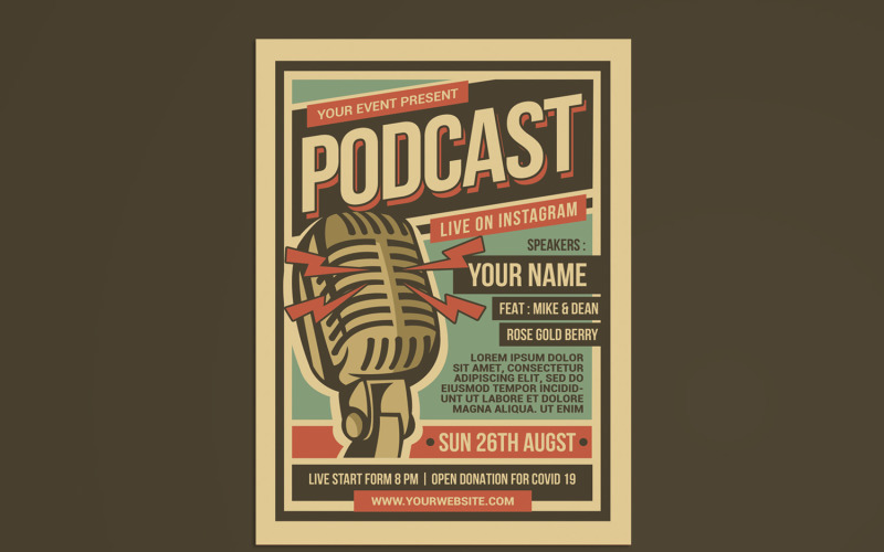 Folleto de evento retro de podcast - Plantilla de identidad corporativa