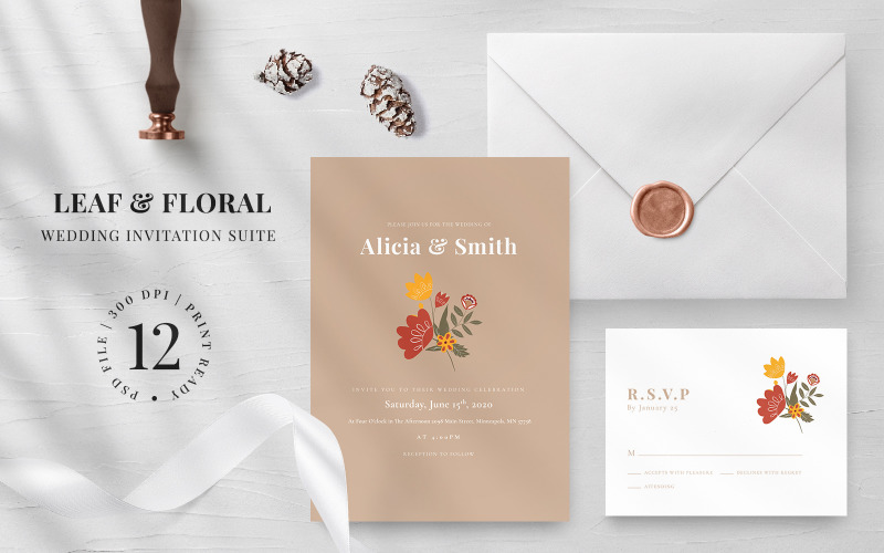 Leveles és virágos esküvői meghívó - vállalati azonosító sablon