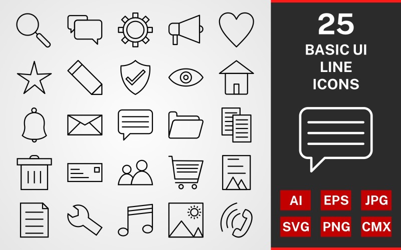 Download Набор иконок "25 BASIC UI LINE PACK Icon Set" / 25 BASIC UI LINE PACK Icon Set - Набор иконок на тему графика icons,set,linear,icon,search,conversation,setting,heart,star,edit,eye,home,bell,message,folder,files,avatar,id card,trash,cart