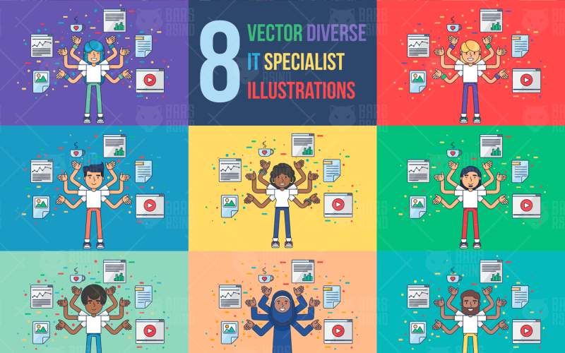 Download Иллюстрация "Diverse IT Specialist Set - Illustration" / Diverse IT Specialist Set - Illustration - Иллюстрация на тему графика technology,information,vector,computer,multitask,expert,specialist,african,american,asian,programmer,business,technician,software,server,internet,woman,man,diversity,diverse