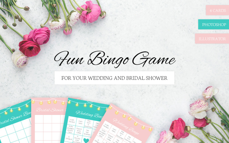 Download Фирменный стиль "Fun bingo game for your wedding and bridal shower - Corporate Identity Template" / Fun bingo game for your wedding and bridal shower - Corporate Identity Template - Фирменный стиль на тему графика craft,wedding,bingo,game,card,vector,template,stylish,customizable,print,ceremony,photoshop,bridal,guest,lamps,garlands,pink,tiffany,psd,bride