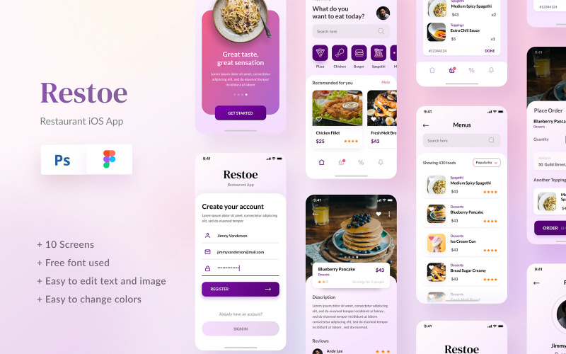 Restoe - Restaurant Food App Design Figma & PSD UI-Elemente