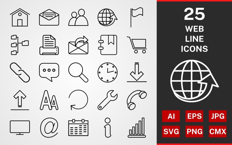 Download Набор иконок "25 WEB LINE PACK Icon Set" / 25 WEB LINE PACK Icon Set - Набор иконок на тему графика icons,set,linear,icon,home,globe,avatar,cart,phone,setting,reload,message,font,upload,at the rate,flag,book mark,clock,information,led