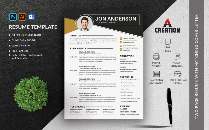 Download Резюме "Jon Anderson Fully Editable Resume Template" / Jon Anderson Fully Editable Resume Template - Резюме на тему графика 2,page,resume,a4,bundle,classic,clean,cv,cover,letter,job,minimalist,download,layout,template,word,simple,application,student,objective