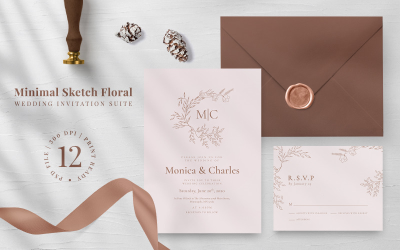 Minimal Sketch Floral Wedding Invitation Suite - Modello di identità aziendale
