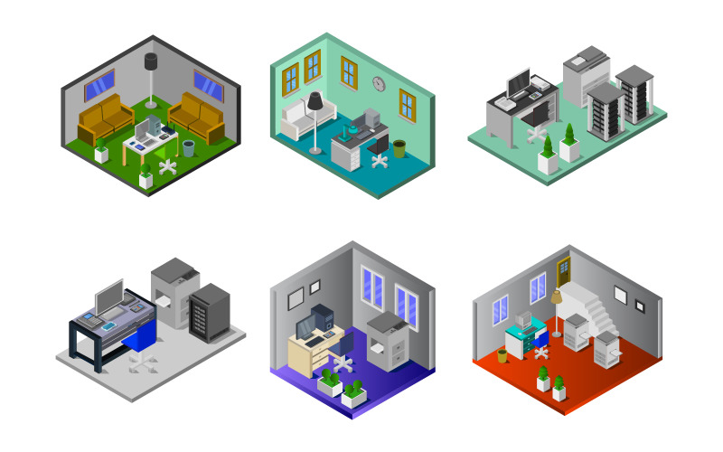 Download Vector "Isometric Office Room Set - Vector Image" / Isometric Office Room Set - Vector Image - Vector на тему графика room,chair,table,vector,design,style,isometric,work,furniture,3d,apartment,wall,residential,home,lamp,architecture,floor,decor,modern,interior
