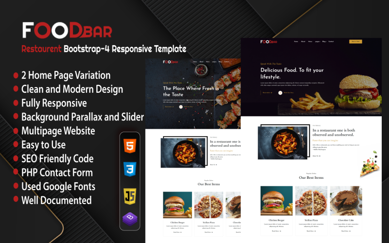 Ristorante FoodBar - Modello di sito Web HTML reattivo Bootstrap 4