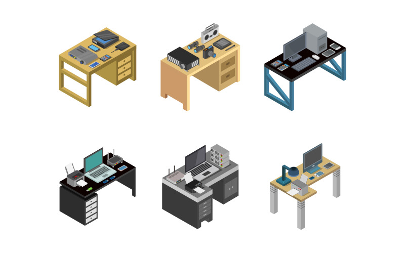 Download Vector "Isometric Office Desk Set - Vector Image" / Isometric Office Desk Set - Vector Image - Vector на тему графика workplace,illustration,desk,background,collection,isometric,work,business,vector,design,computer,3d,interior,laptop,office,concept,people,agency,set,art