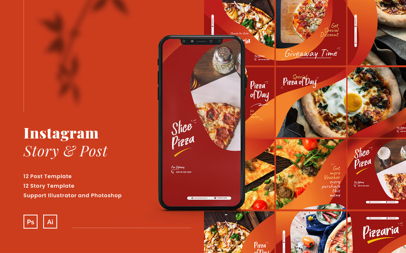 社交媒体的Pizza Instagram拼图广告故事和帖子模板