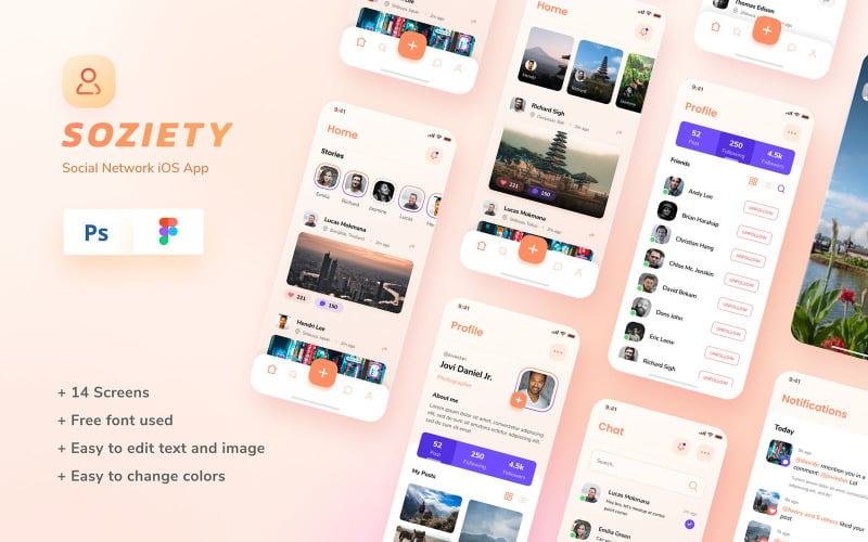 Soziety - Elementos de la interfaz de usuario de la plantilla de diseño de aplicaciones iOS de redes sociales