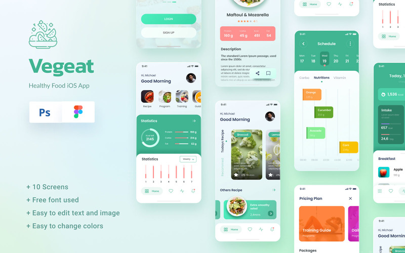 Vegeat - Conception d'applications iOS pour aliments sains, éléments d'interface utilisateur Figma et PSD