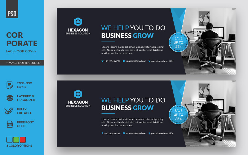 Download Фирменный стиль "Facebook Cover - Corporate Identity Template" / Facebook Cover - Corporate Identity Template - Фирменный стиль на тему графика business,facebook,banner,timeline,cover,marketing,solution,agency,page,web,promotion,social,media,template,graphic,psd,company,fb,office,corporate