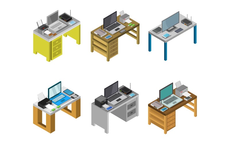Set Of Isometric Office Desk On  Background - Vector Image