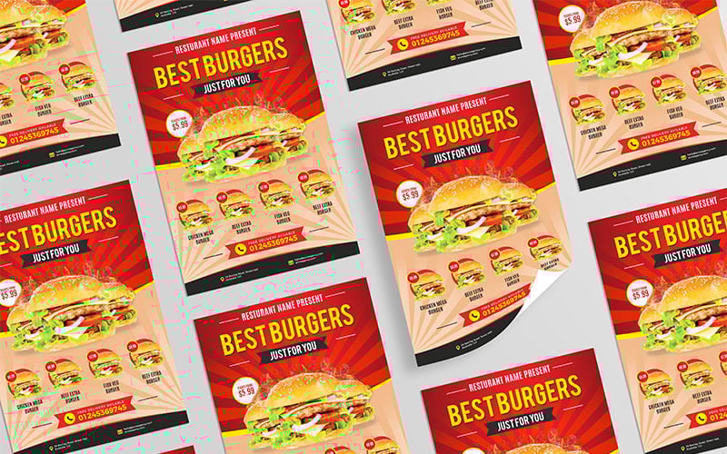 Download Фирменный стиль "Burger Restaurant Flyer - Corporate Identity Template" / Burger Restaurant Flyer - Corporate Identity Template - Фирменный стиль на тему графика burger flyer,restaurant flyer,food,restaurant,promotion,sale,offer,psd flyer,print,advertising,food sale,template,fast food