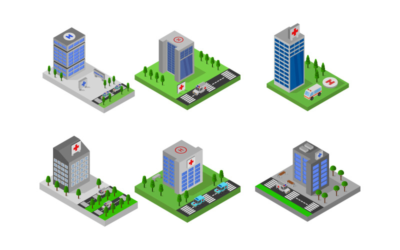 Download Vector "Isometric Hospital Set - Vector Image" / Isometric Hospital Set - Vector Image - Vector на тему графика clinic,illustration,health,set,hospital,vector,design,icon,isometric,3d,medical,care,front,poly,paramedic,service,structure,center,architecture,rescue