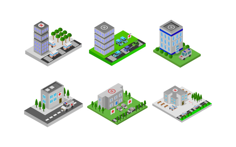 Download Vector "Isometric Hospital Set - Vector Image" / Isometric Hospital Set - Vector Image - Vector на тему графика clinic,illustration,health,set,hospital,vector,design,icon,isometric,3d,medical,care,front,poly,paramedic,service,structure,center,architecture,rescue