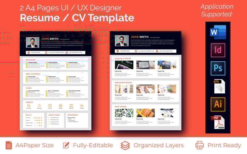 2 A4 Pages UI / UX, Graphic Designer CV Resume Template