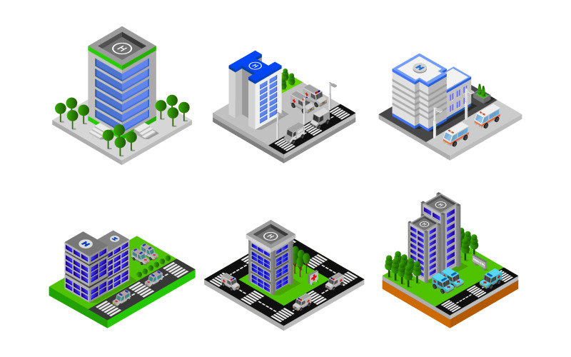 Download Vector "Isometric Hospitals Set - Vector Image" / Isometric Hospitals Set - Vector Image - Vector на тему графика clinic,illustration,health,set,hospital,vector,design,icon,isometric,3d,medical,care,front,poly,paramedic,service,structure,center,architecture,rescue