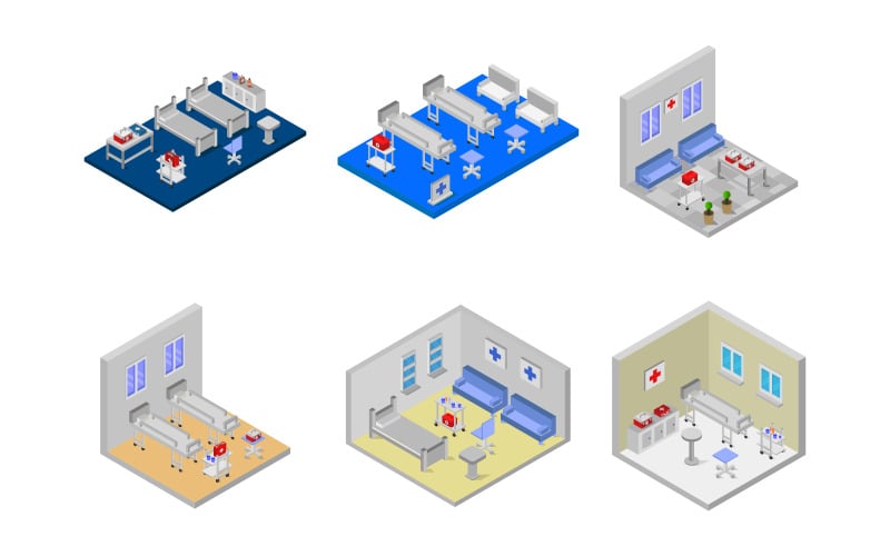 Isometrisches Krankenhauszimmer-Set - Vektorbild