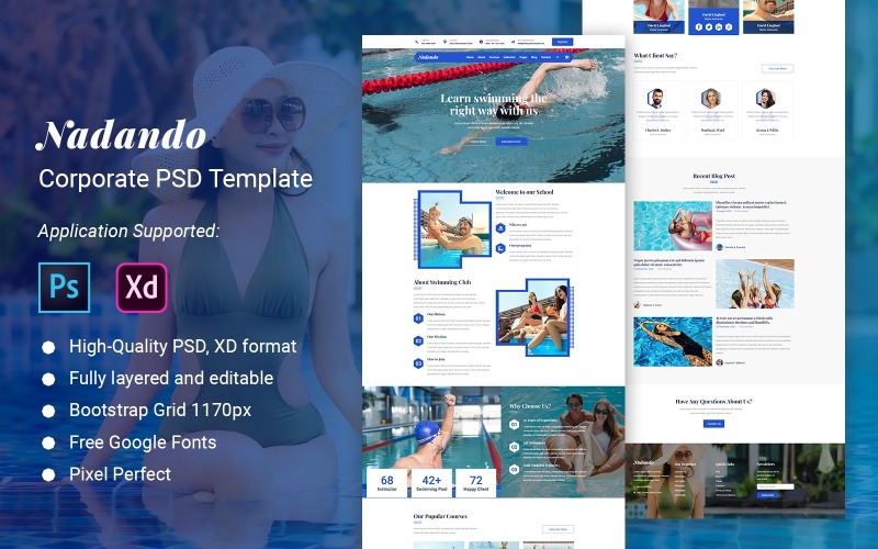 Download PSD шаблон "Nadando Corporate Adobe Xd, PSD Template" / Nadando Corporate Adobe Xd, PSD Template - PSD шаблон на тему графика adventures,diving,diving centre,diving school,fitness,health,scuba diving,sea,snorkelling,surfing,swim school,swimming,swimming centre,swimming club,water sports