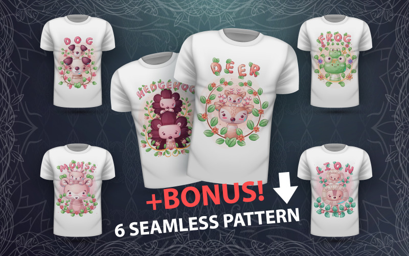 Download Иллюстрация "Set Cute Animal Characters - Illustration" / Set Cute Animal Characters - Illustration - Иллюстрация на тему графика dog,puppy,hedgehog,deer,frog,lion,mouse,seamless,pattern,cute,animal,character,kid,baby,childish,print,tshirt,funny,comic