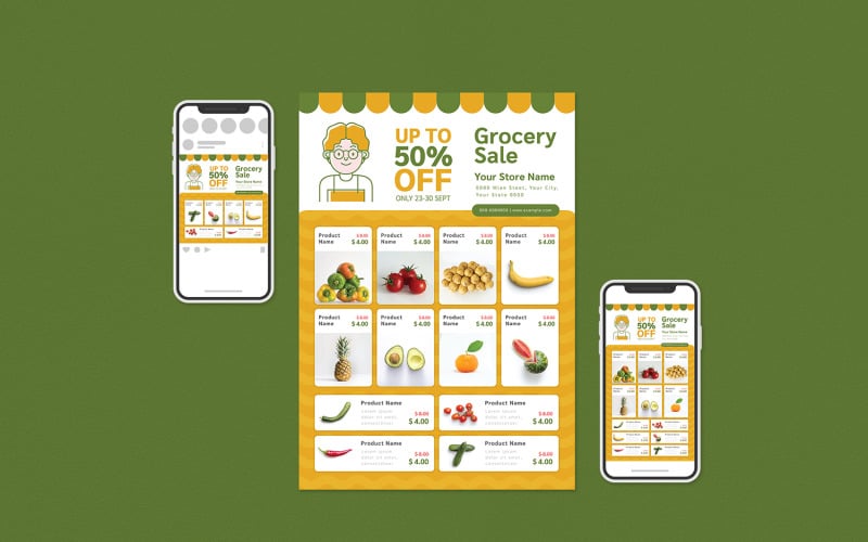 Download Фирменный стиль "Grocery Sale Flyer Set - Corporate Identity Template" / Grocery Sale Flyer Set - Corporate Identity Template - Фирменный стиль на тему графика ad,commerce,delivery,discount,farmer,flyer,fruit,groceries,grocery,market,online,poster,print,product,promotion,sale,supermarket,vegetable,social media,instagram