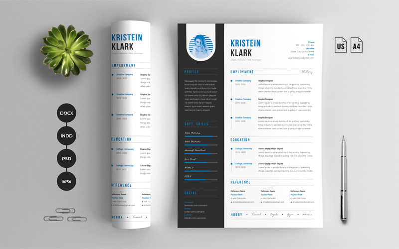 Download Резюме "CV &amp; Cover Letter Resume Template" / CV &amp; Cover Letter Resume Template - Резюме на тему графика resume,cv template,resume template,clean resume,creative resume,minimalist,minimal,cover letter,resume bundle,simple resume,swiss resume,blue colour resume,mac pages,professional resume,infog