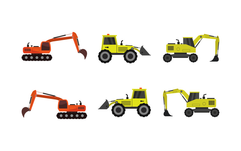 Download Vector "Excavator Set - Vector Image" / Excavator Set - Vector Image - Vector на тему графика illustration,machine,set,vector,construction,tractor,excavator,vehicle,yellow,isolated,truck,bulldozer,collection,lorry,graphic,transportation,asphalt,forklift,dump,car