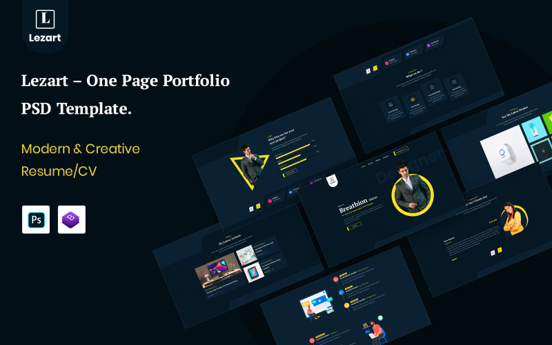Download PSD шаблон "Lezart – One Page Portfolio PSD Template" / Lezart – One Page Portfolio PSD Template - PSD шаблон на тему искусство и культура resume,personal  portfolio,resume template