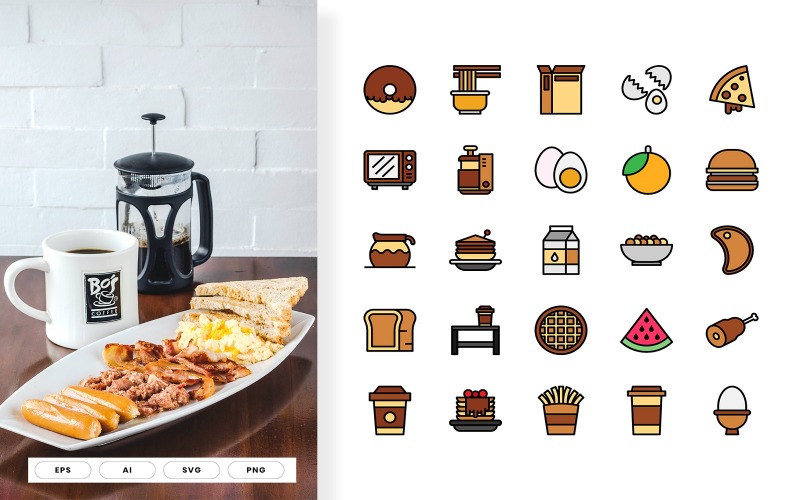Download Набор иконок "Breakfast Line Color Vol II Icon Set" / Breakfast Line Color Vol II Icon Set - Набор иконок на тему графика silhouette,bag,milk,restaurant,alarm,bottle,cafe,fork,hot,illustration,isolated,set,black,boiled,butter,cereal,croissant,donut,drink,mug