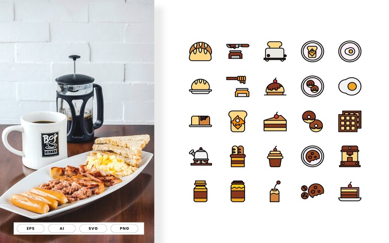 Download Набор иконок "Breakfast Line Color Vol II Icon Set" / Breakfast Line Color Vol II Icon Set - Набор иконок на тему графика silhouette,bag,milk,restaurant,alarm,bottle,cafe,fork,hot,illustration,isolated,set,black,boiled,butter,cereal,croissant,donut,drink,mug