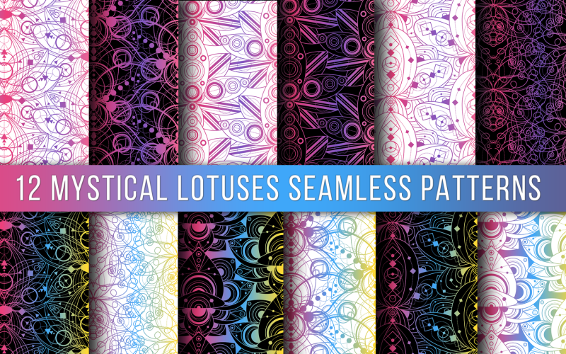 Download Иллюстрация "Colored Lotus Seamless Patterns Set - Illustration" / Colored Lotus Seamless Patterns Set - Illustration - Иллюстрация на тему графика lotus,seamless,pattern,ornament,natural,gilding,flower,indian,white,background,colorful,template,vector,decoration,vintage,paper,wrapping,exotic,water,lily