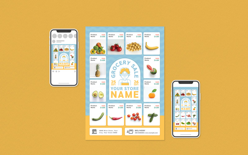 Download Фирменный стиль "Grocery Sale Flyer Set - Corporate Identity Template" / Grocery Sale Flyer Set - Corporate Identity Template - Фирменный стиль на тему графика ad,commerce,delivery,discount,farmer,flyer,fruit,groceries,grocery,market,online,poster,print,product,promotion,sale,supermarket,vegetable,advertisement,social media