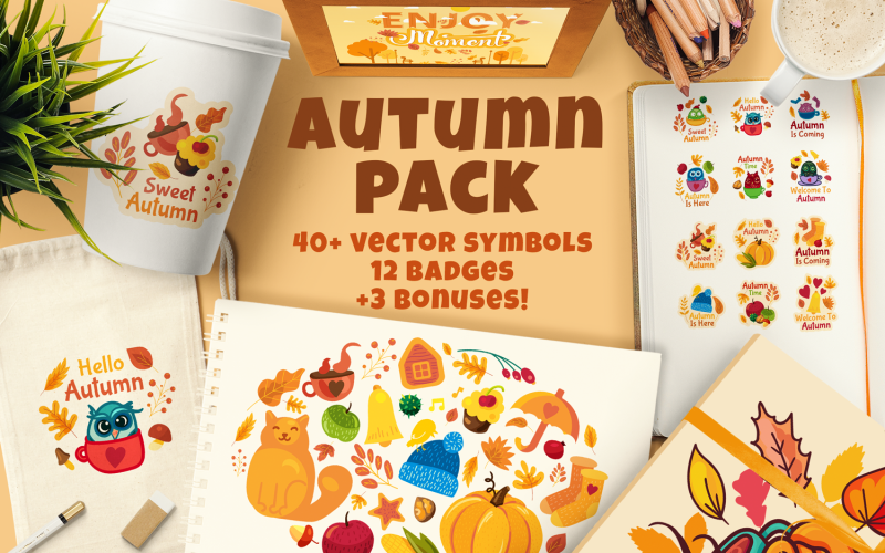 Download Иллюстрация "Cozy Autumn Pack - Illustration" / Cozy Autumn Pack - Illustration - Иллюстрация на тему графика autumn,hello,composition,set,text,card,vector,badge,leafage,typography,fall,frondage,leaf,cartoon,harvest,owl,sticker,season,welcome,october